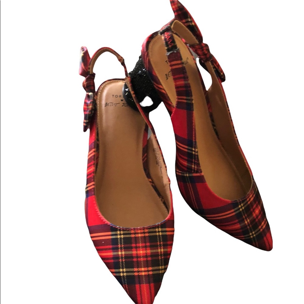 Torrid Betsey Johnson Red Cylinder Heel Pump Size 9W Tartan Holiday Sexy Retro